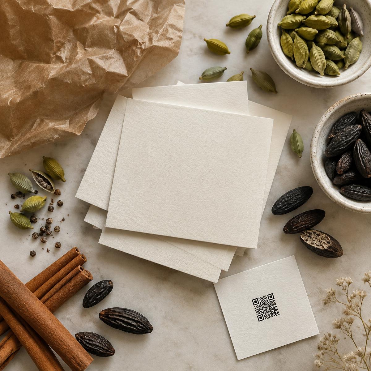 Fiches olfactives vierges, épices et papier kraft
