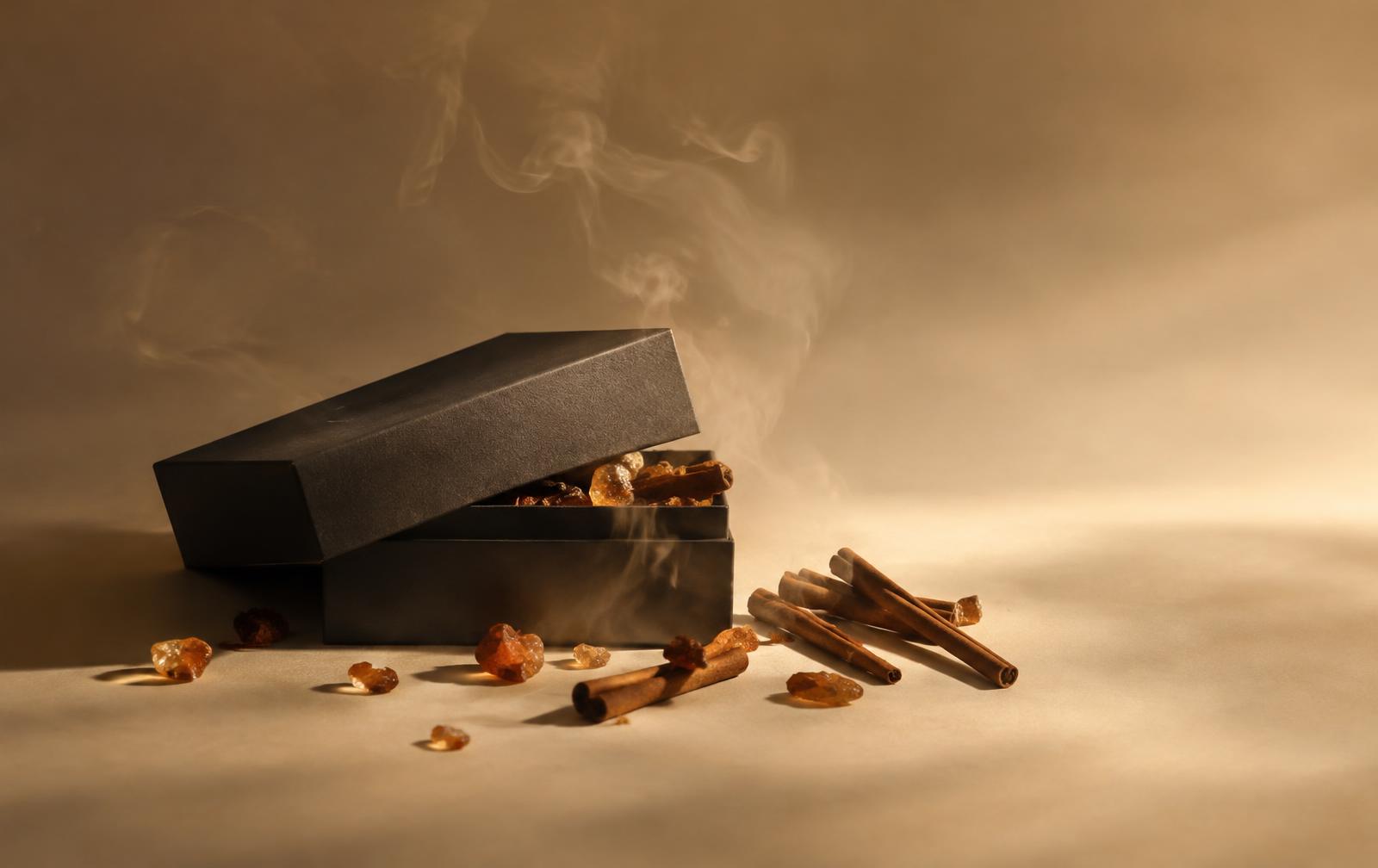 Coffret noir mat entrouvert, résines ambrées et cannelle